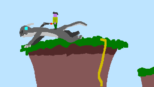 Aon Langton, down on all fours, is perching himself off a grassy cliff. The player character is standing on the dragon’s back. A rope is dangling off on the opposite end of the platform.