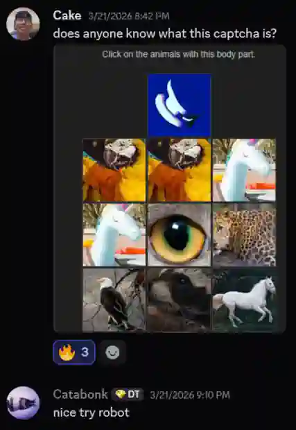 Cake sent a message: “does anyone know what this captcha is?”, attaching an image of the image captcha. Catabonk responds: “nice try robot”