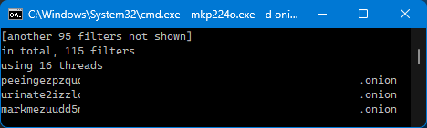 Screenshot of a terminal window. mkp224o.exe is running on 16 threads with 115 filters. It found three .onion addresses: peeingezpz, urinate and markme. The onion addresses are partially redacted, only showing the first part.