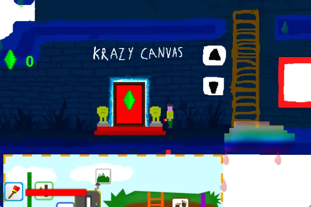 The spawn area of Krazycanvas. The player is situated in a blue, bricky room with strands of blue grass on the floor.